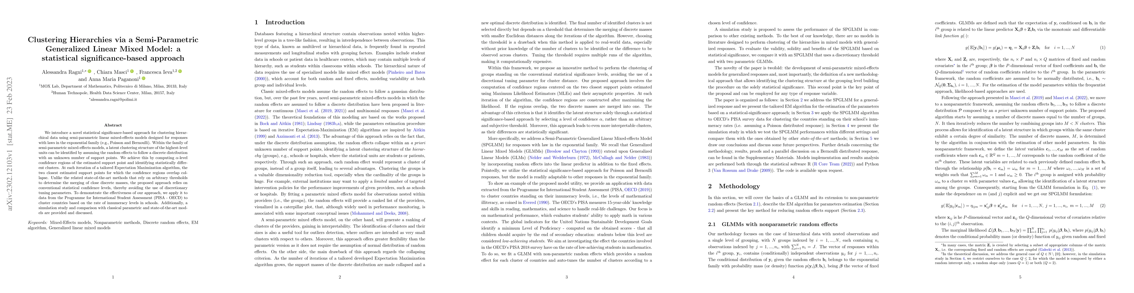 Thumbnail for Clustering Hierarchies via a Semi-Parametric Generalized Linear Mixed
  Model: a statistical significance-based approach