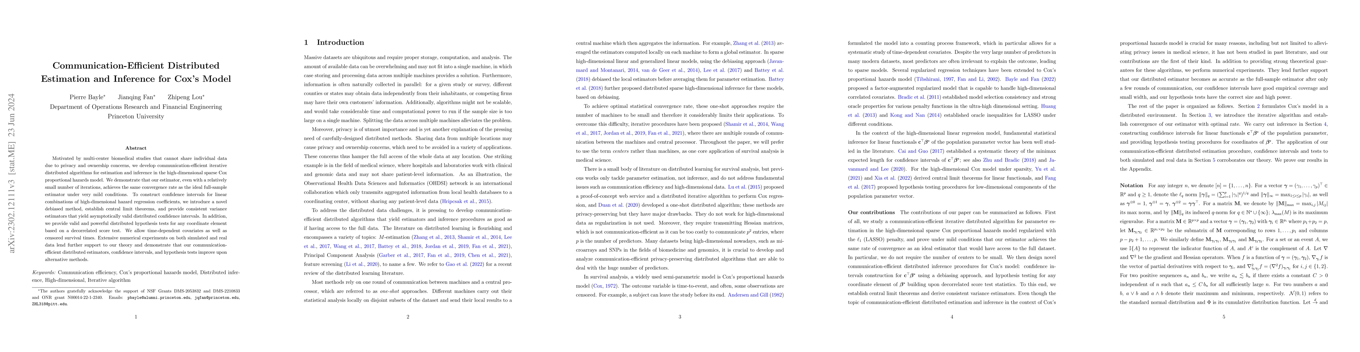 Thumbnail for Communication-Efficient Distributed Estimation and Inference for Cox's
  Model