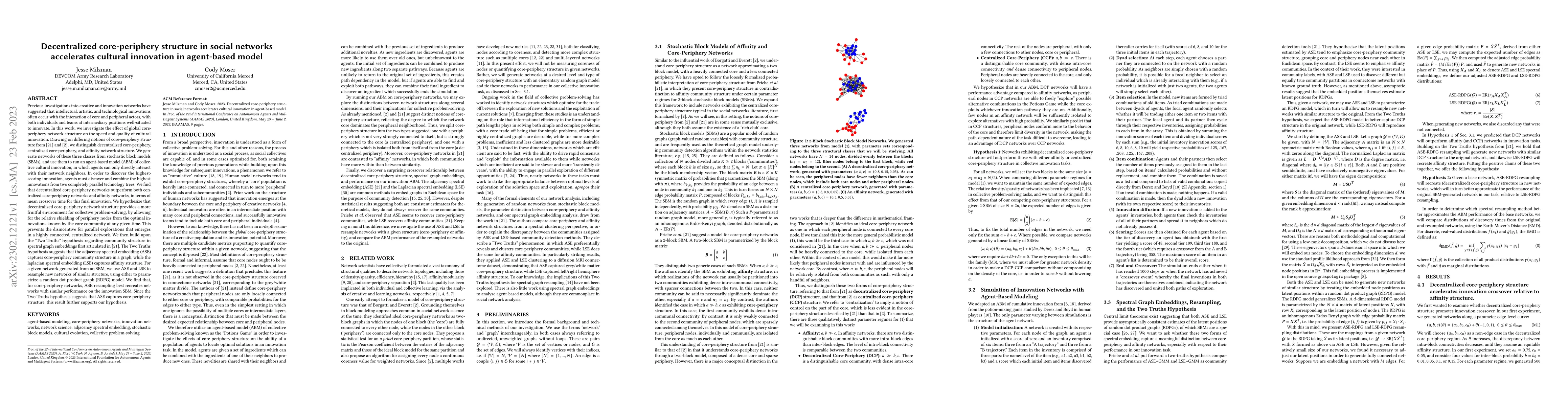 Thumbnail for Decentralized core-periphery structure in social networks accelerates
  cultural innovation in agent-based model