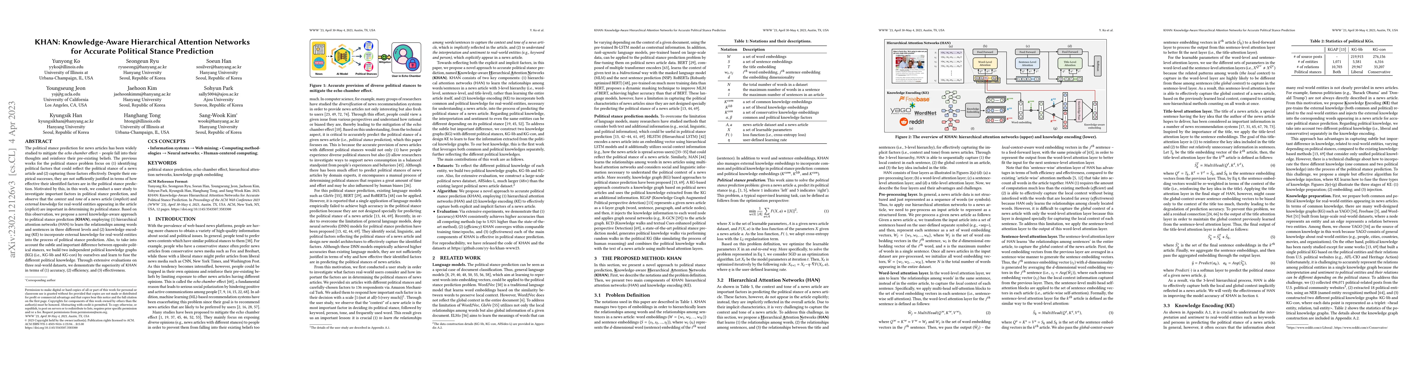 Thumbnail for KHAN: Knowledge-Aware Hierarchical Attention Networks for Accurate
  Political Stance Prediction