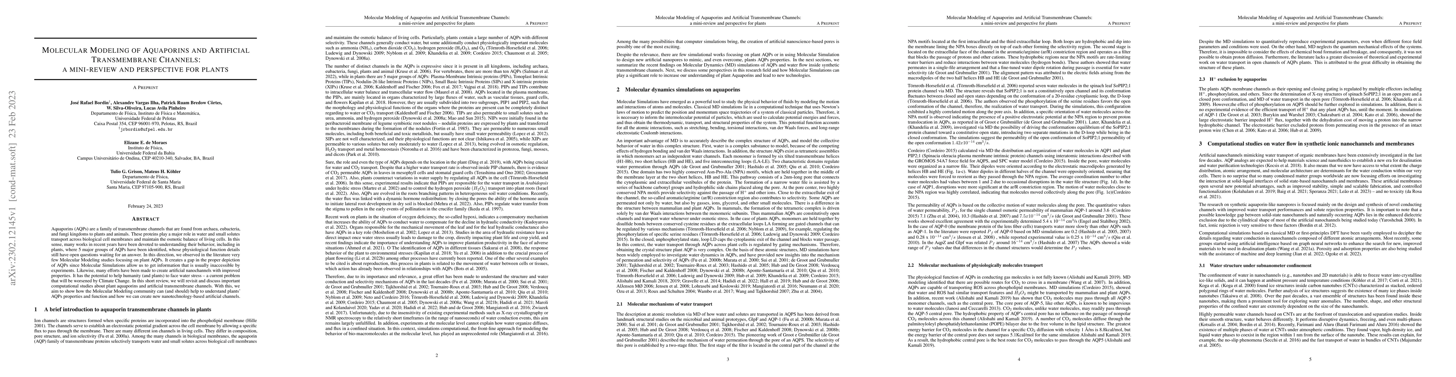 Thumbnail for Molecular Modeling of Aquaporins and Artificial Transmembrane Channels:
  a mini-review and perspective for plants