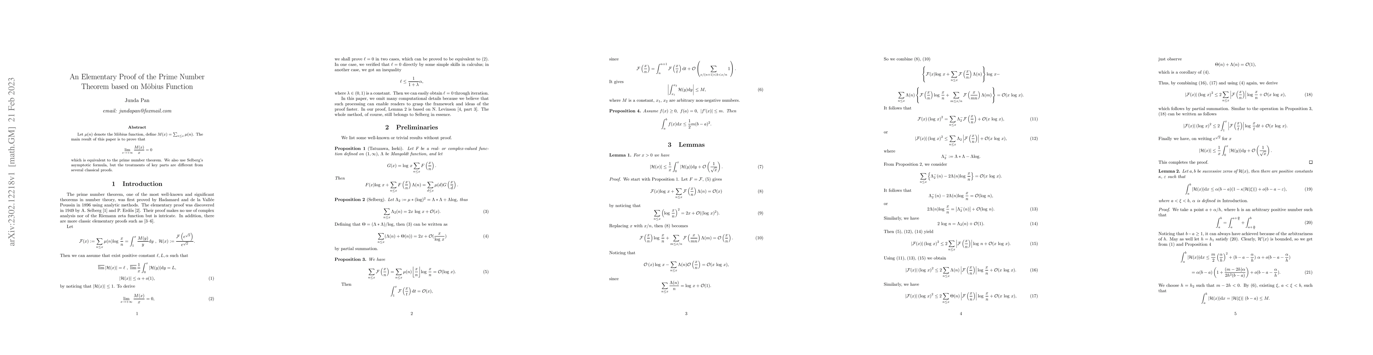 Thumbnail for An Elementary Proof of the Prime Number Theorem based on M\"obius
  Function