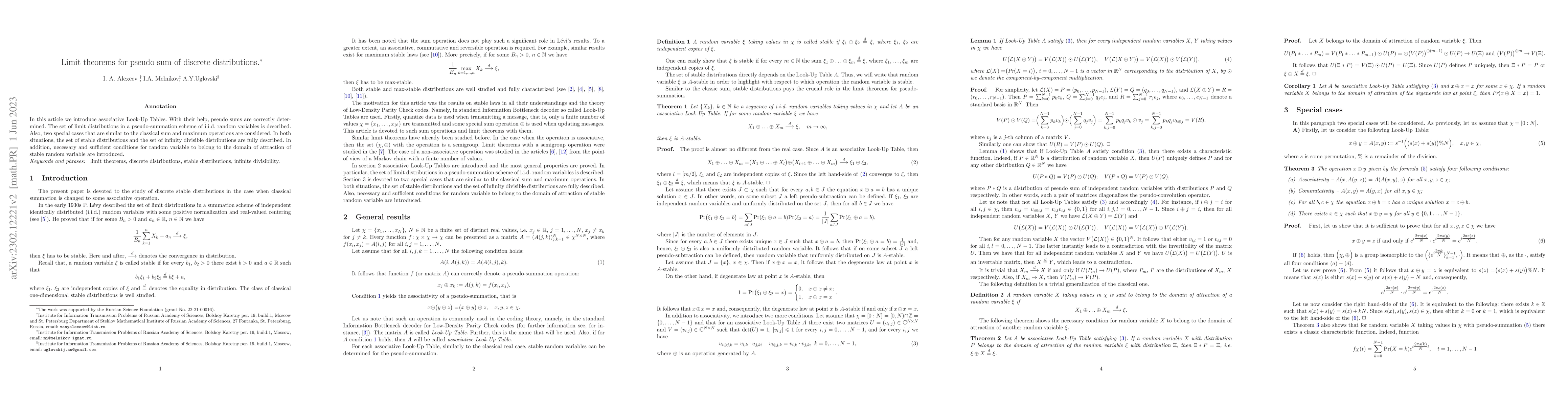 Thumbnail for Limit theorems for pseudo sum of discrete distributions