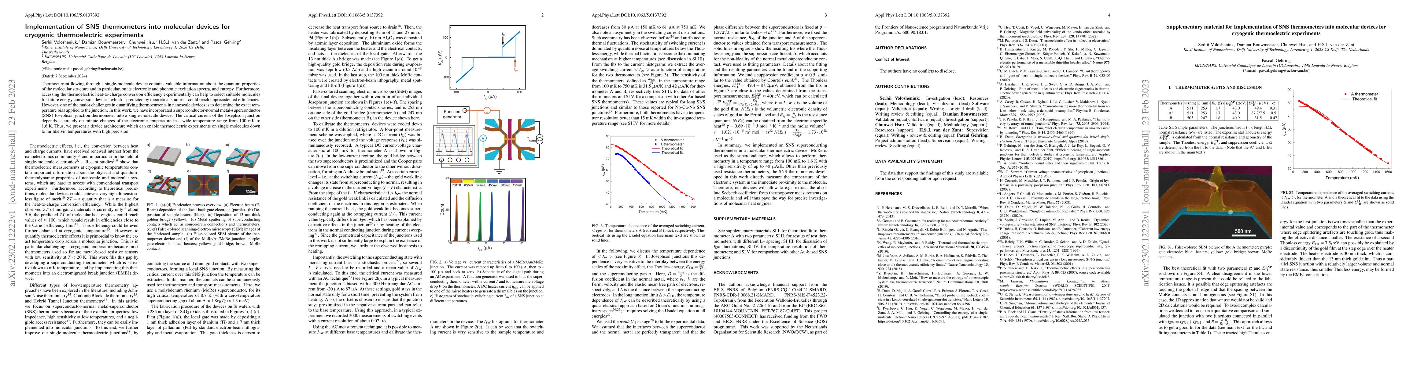 Thumbnail for Implementation of SNS thermometers into molecular devices for cryogenic
  thermoelectric experiments