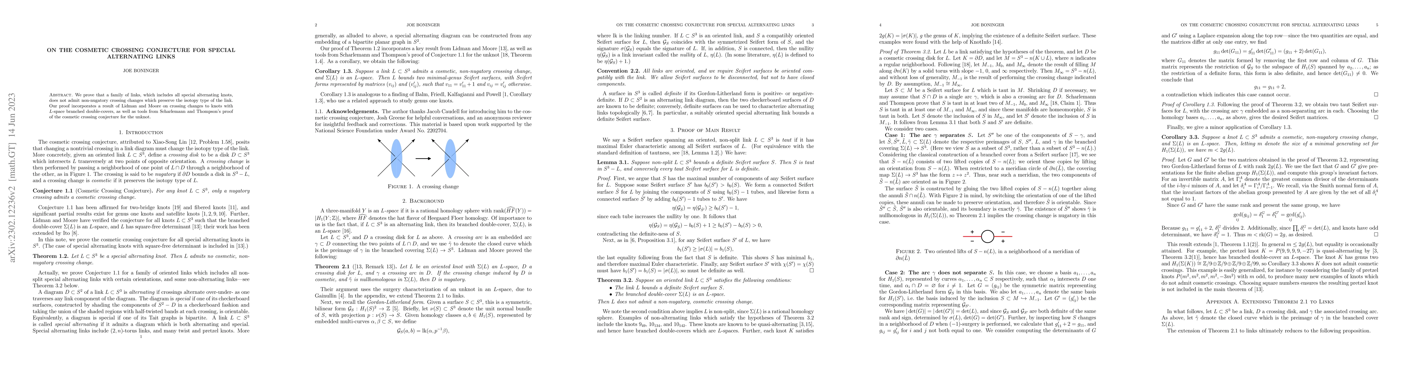 Thumbnail for On the Cosmetic Crossing Conjecture for Special Alternating Links