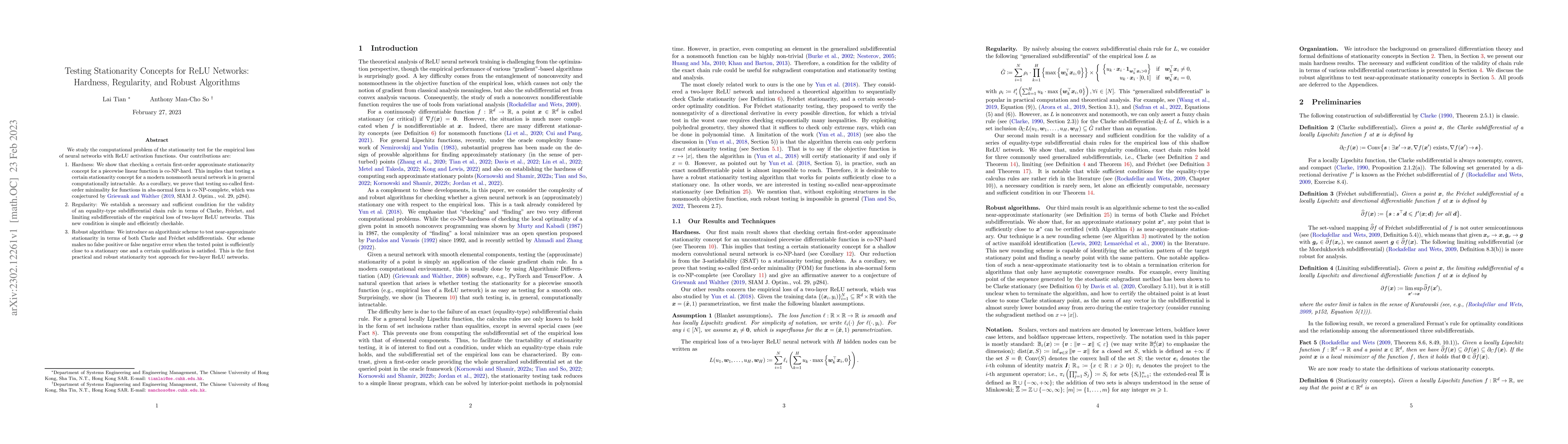 Thumbnail for Testing Stationarity Concepts for ReLU Networks: Hardness, Regularity,
  and Robust Algorithms