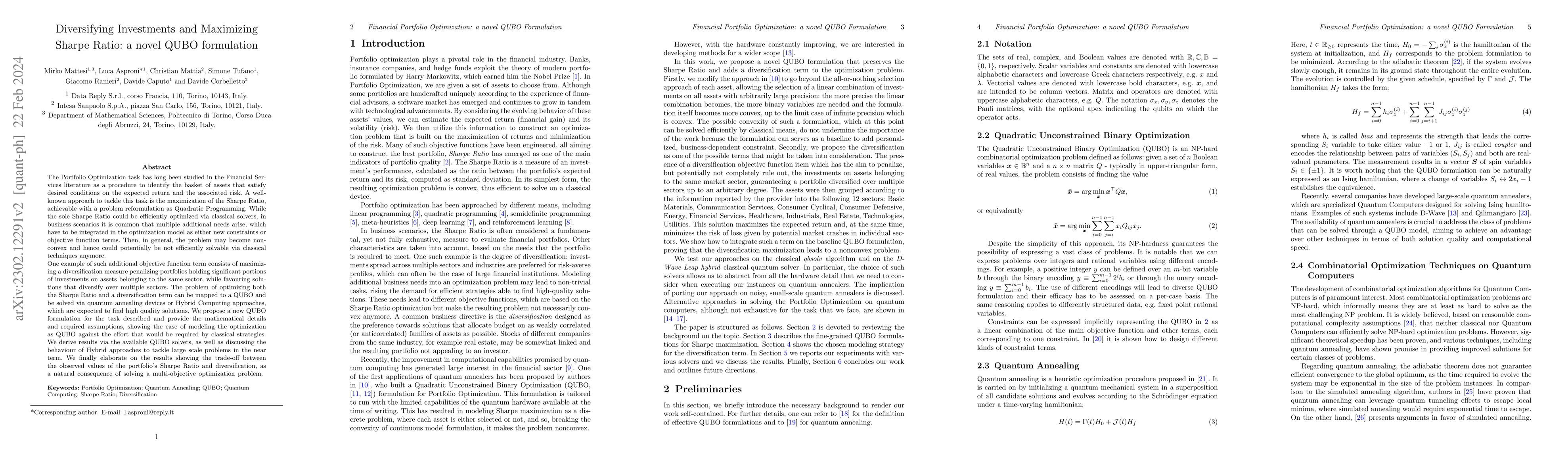 Thumbnail for Diversifying Investments and Maximizing Sharpe Ratio: a novel QUBO
  formulation
