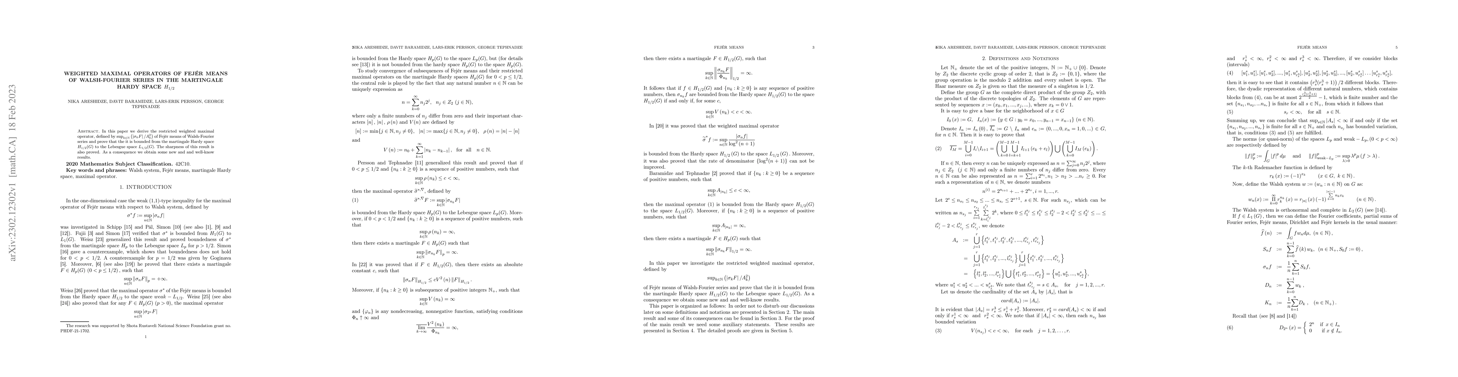 Thumbnail for Weighted maximal operators of Fej\'er means of Walsh-Fourier series in
  the martingale Hardy space $H_{1/2}$