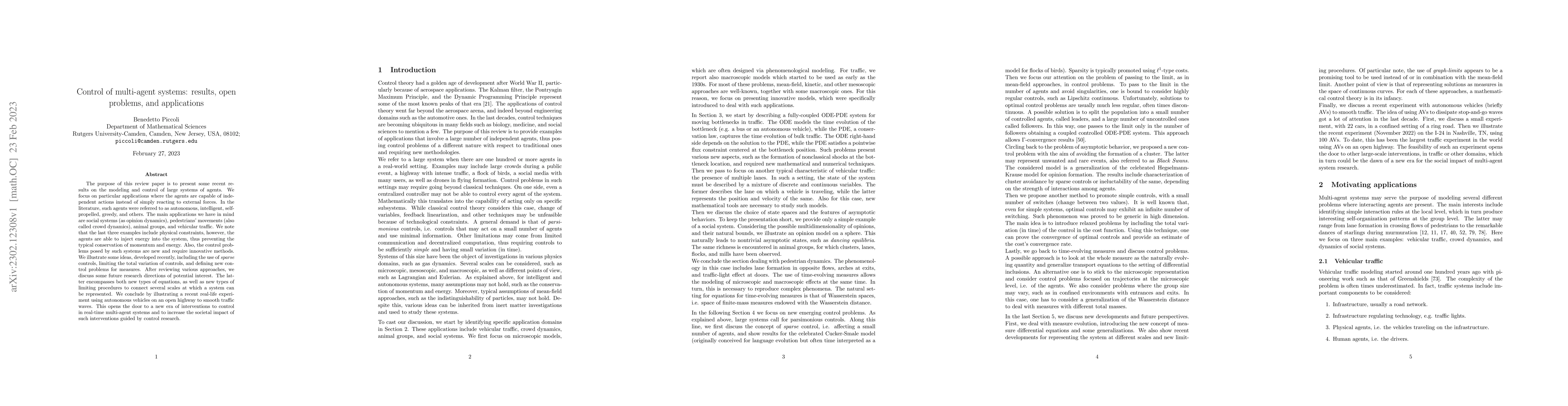 Thumbnail for Control of multi-agent systems: results, open problems, and applications