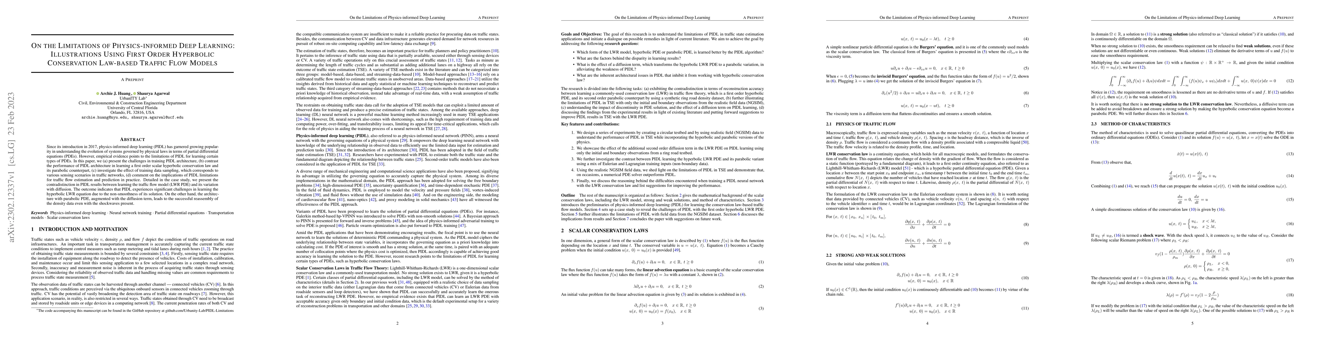 Thumbnail for On the Limitations of Physics-informed Deep Learning: Illustrations
  Using First Order Hyperbolic Conservation Law-based Traffic Flow Models