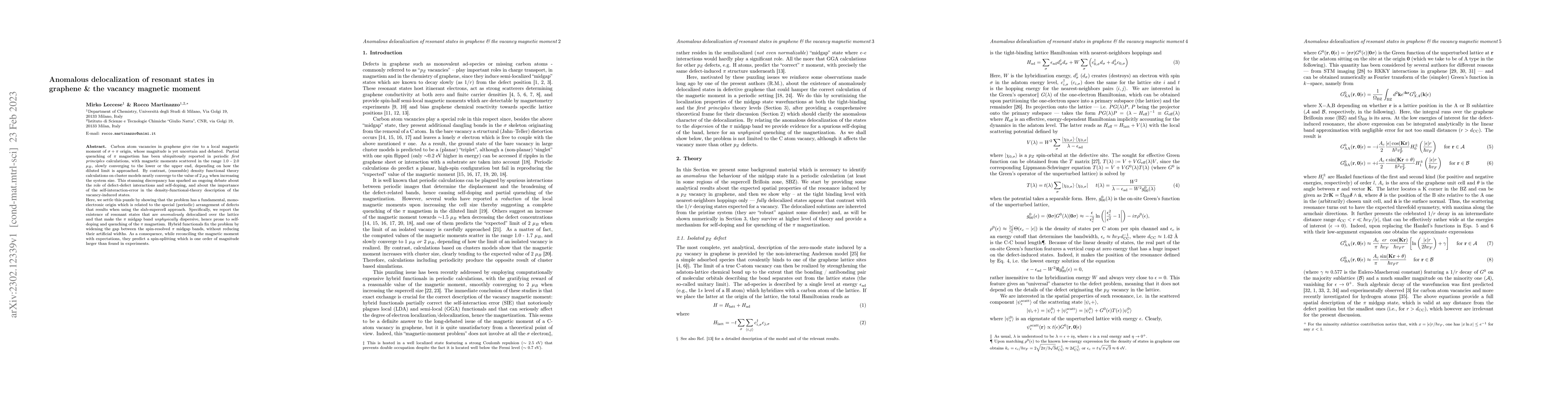 Thumbnail for Anomalous delocalization of resonant states in graphene \& the vacancy
  magnetic moment