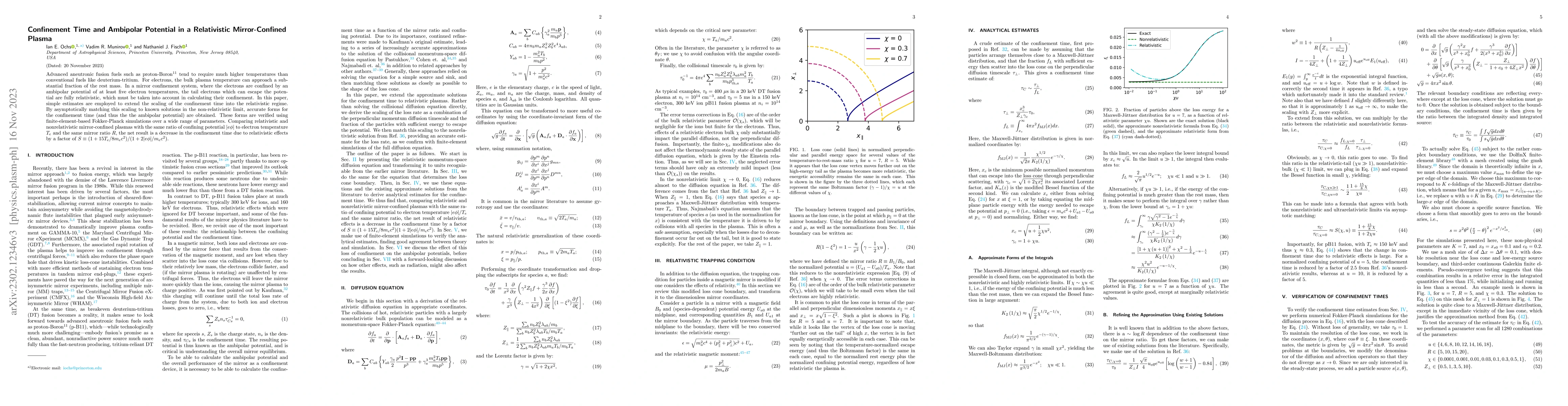 Thumbnail for Confinement Time and Ambipolar Potential in a Relativistic
  Mirror-Confined Plasma