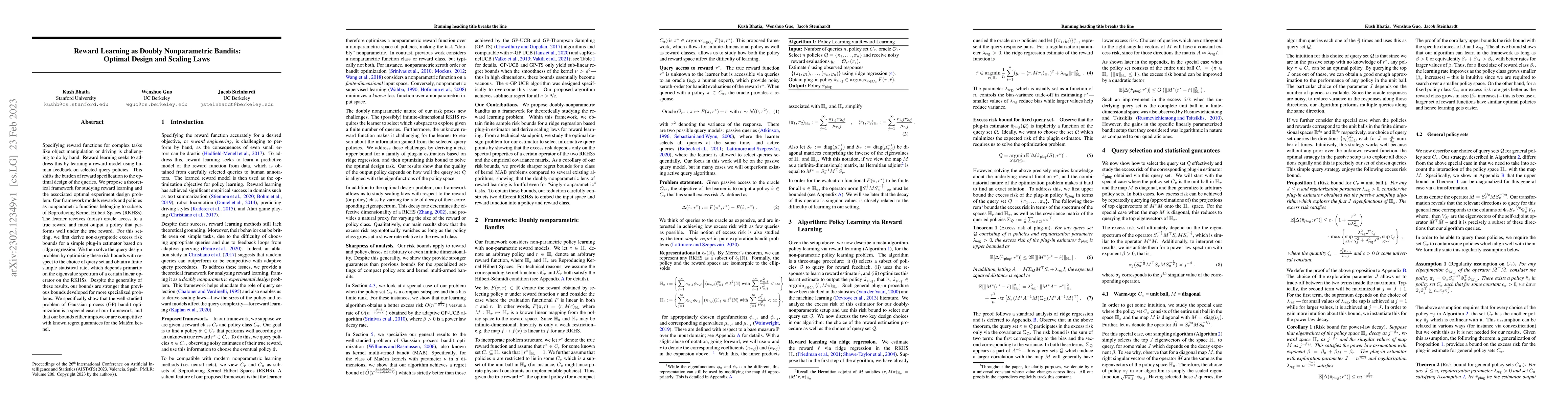 Thumbnail for Reward Learning as Doubly Nonparametric Bandits: Optimal Design and
  Scaling Laws