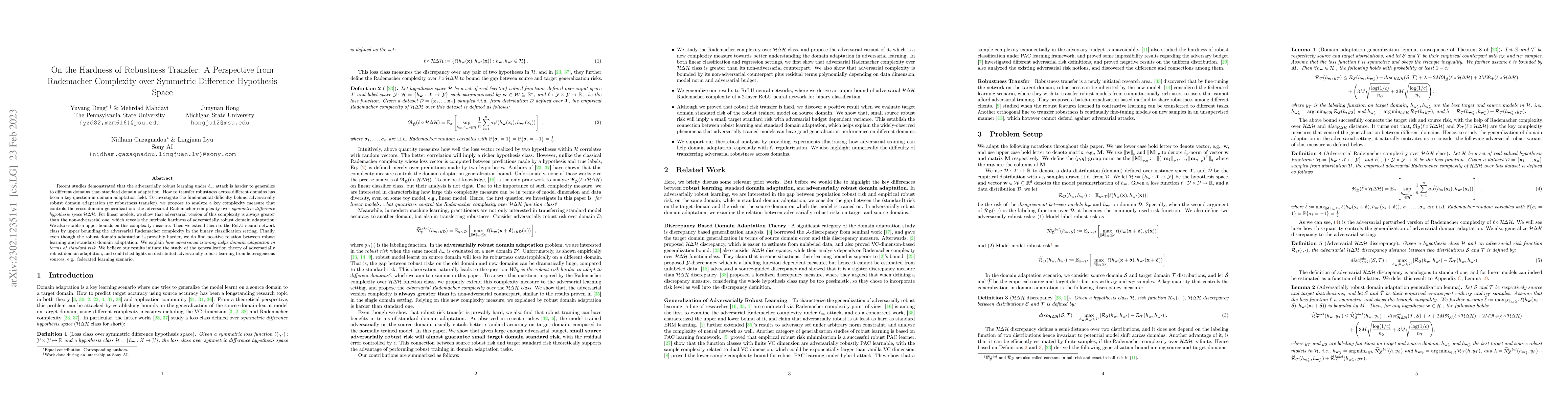 Thumbnail for On the Hardness of Robustness Transfer: A Perspective from Rademacher
  Complexity over Symmetric Difference Hypothesis Space