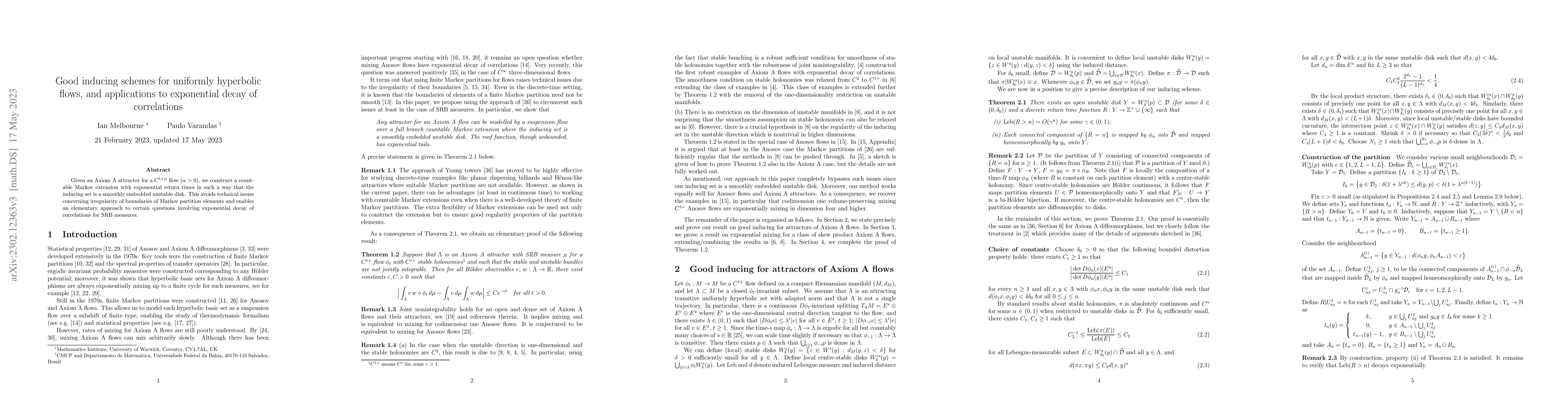 Thumbnail for Good inducing schemes for uniformly hyperbolic flows, and applications
  to exponential decay of correlations