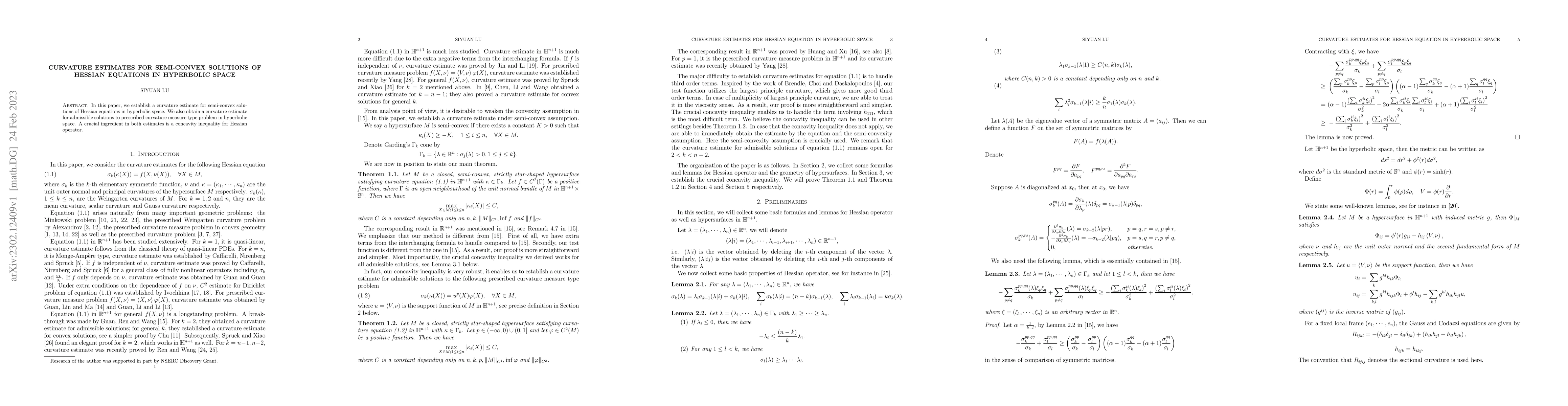 Thumbnail for Curvature estimates for semi-convex solutions of Hessian equations in
  hyperbolic space