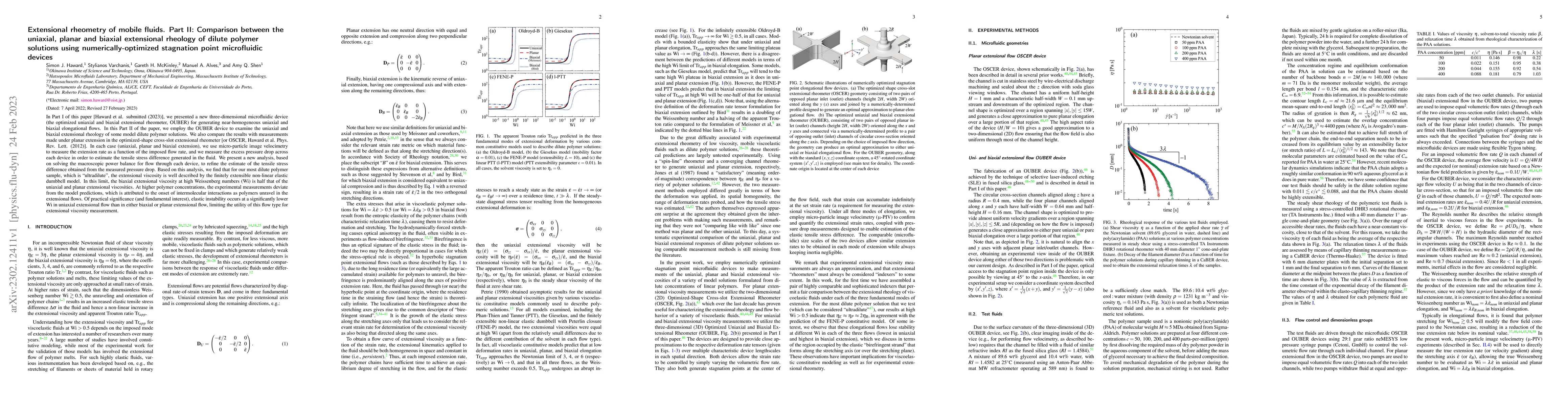 Thumbnail for Extensional rheometry of mobile fluids. Part II: Comparison between the
  uniaxial, planar and biaxial extensional rheology of dilute polymer solutions
  using numerically-optimized stagnation point microfluidic devices