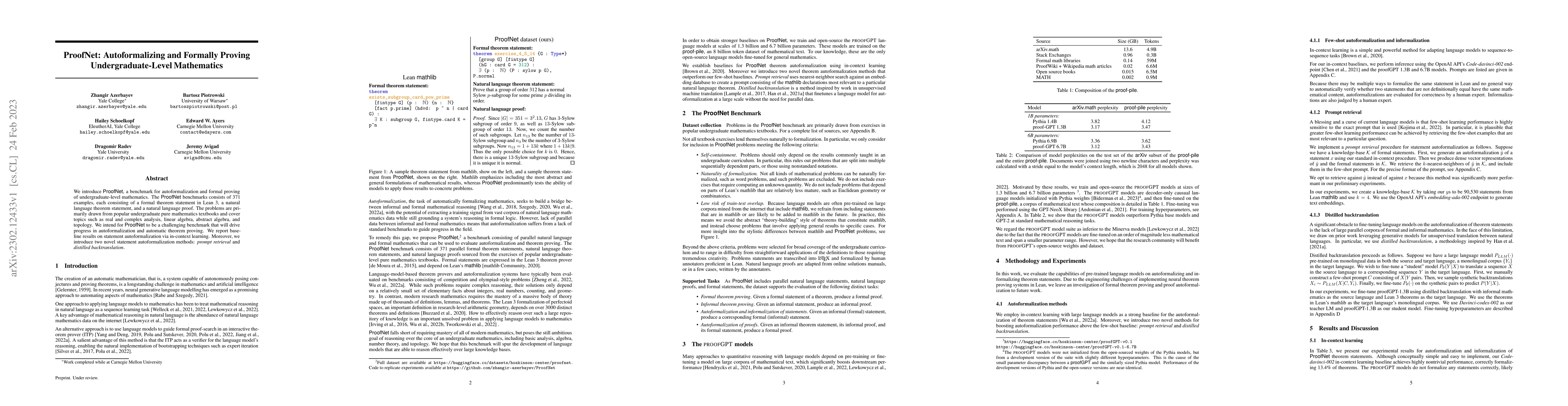 Thumbnail for ProofNet: Autoformalizing and Formally Proving Undergraduate-Level
  Mathematics