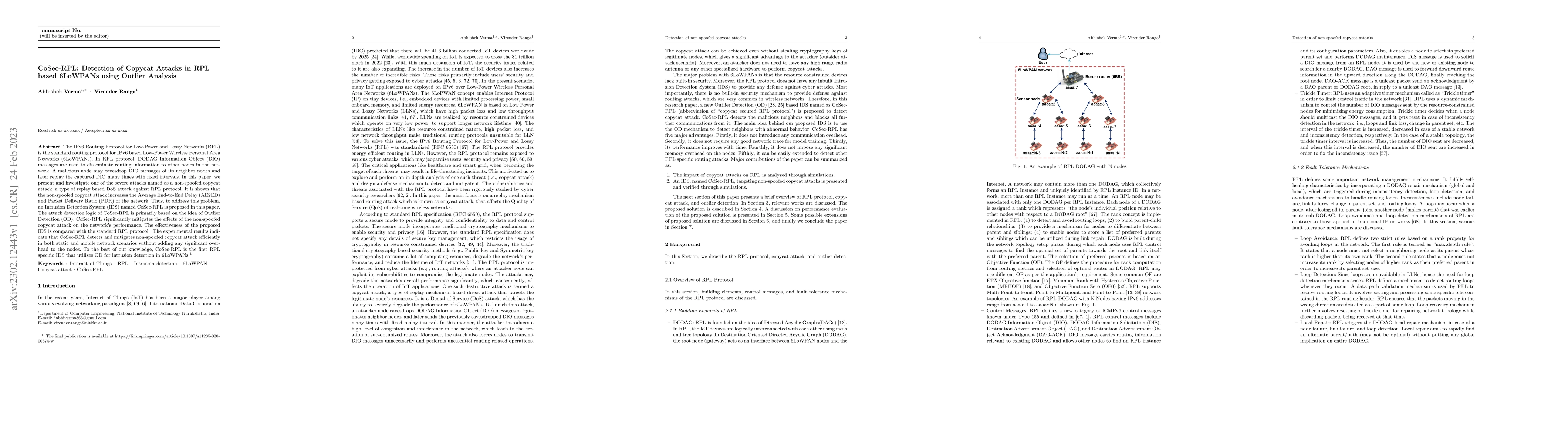 Thumbnail for CoSec-RPL: detection of copycat attacks in RPL based 6LoWPANs using
  outlier analysis