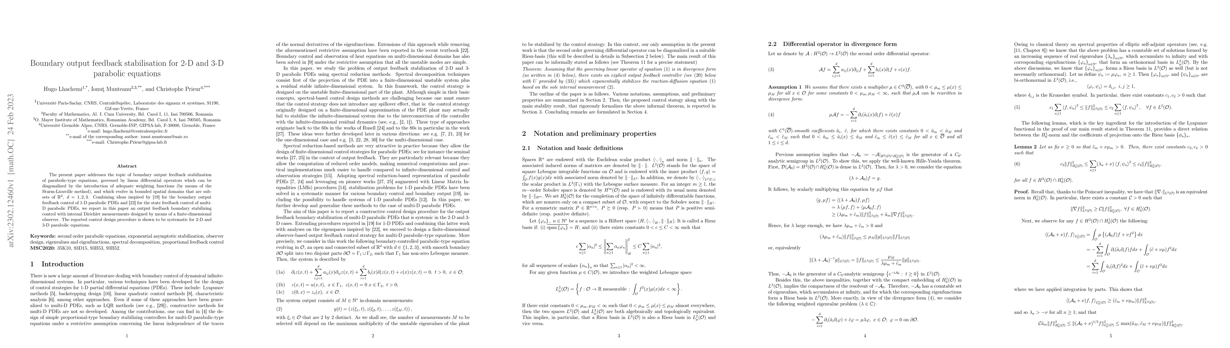 Thumbnail for Boundary output feedback stabilisation for 2-D and 3-D parabolic
  equations