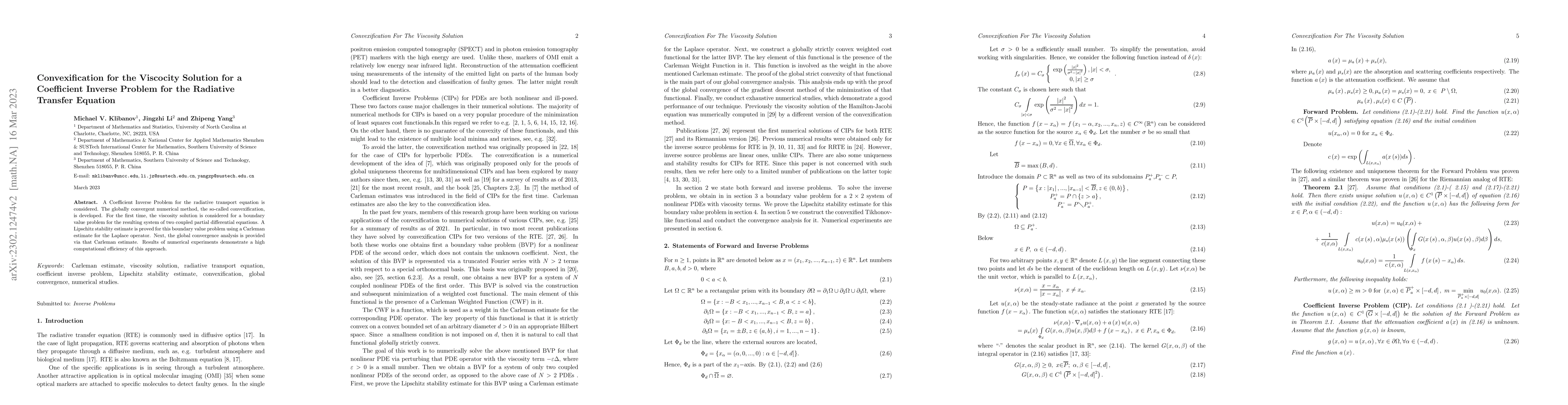 Thumbnail for Convexification for the Viscocity Solution for a Coefficient Inverse
  Problem for the Radiative Transfer Equation