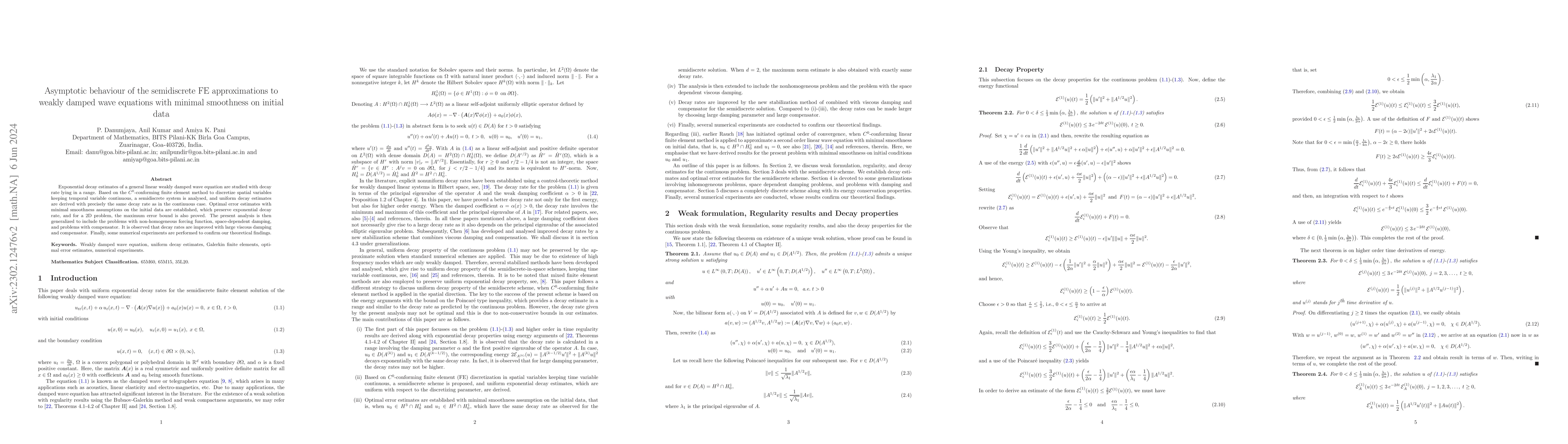 Thumbnail for Asymptotic behaviour of the semidiscrete FE approximations to weakly
  damped wave equations with minimal smoothness on initial data