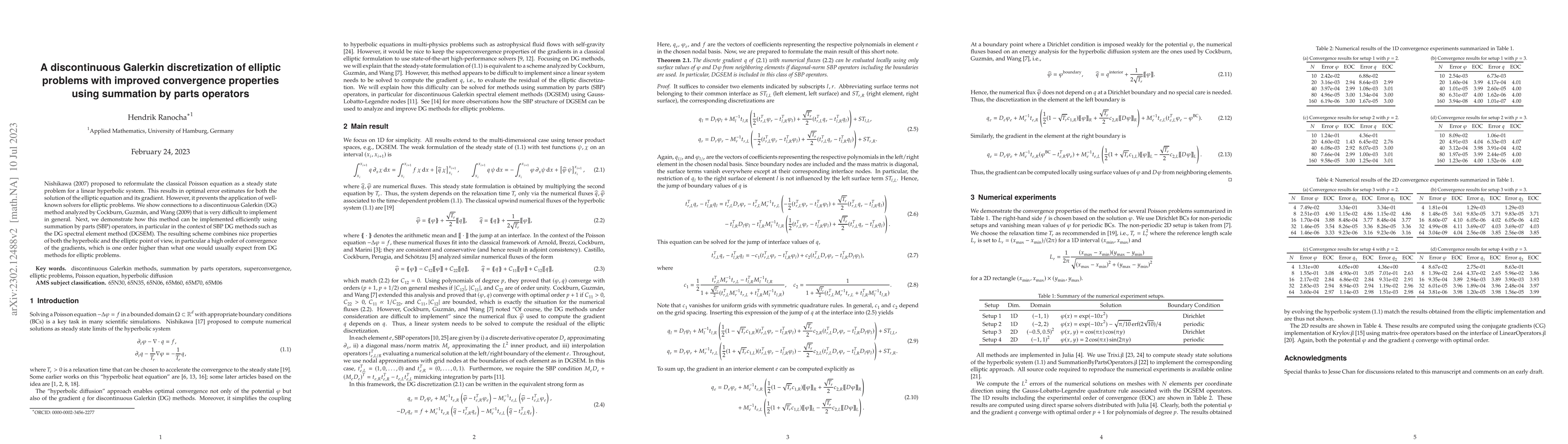 Thumbnail for A discontinuous Galerkin discretization of elliptic problems with
  improved convergence properties using summation by parts operators