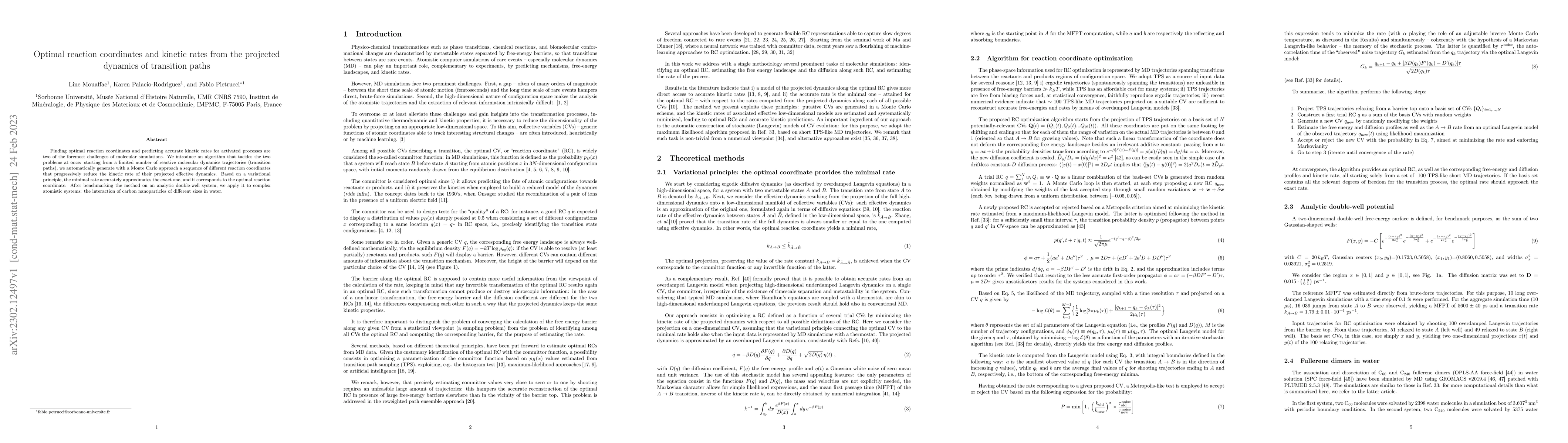 Thumbnail for Optimal reaction coordinates and kinetic rates from the projected
  dynamics of transition paths