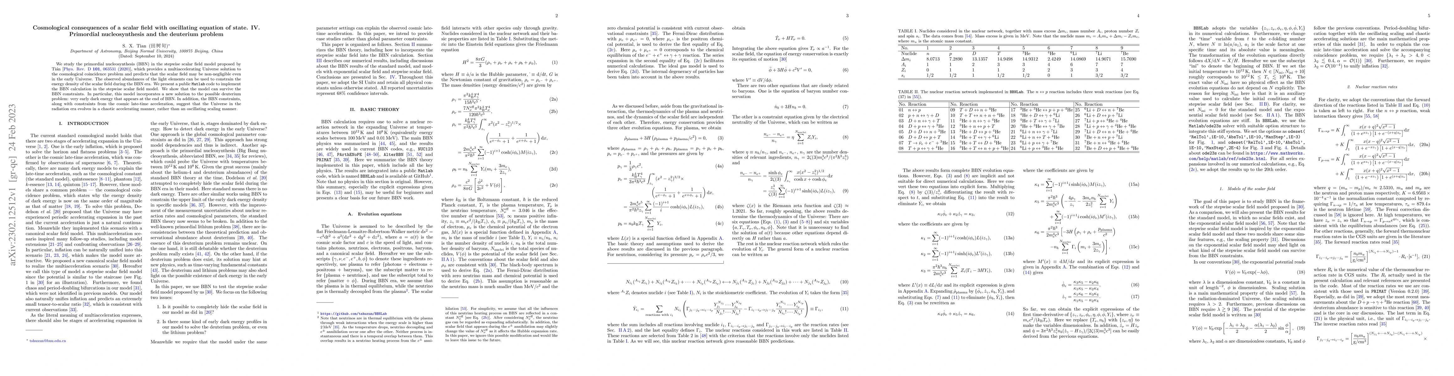 Thumbnail for Cosmological consequences of a scalar field with oscillating equation of
  state. IV. Primordial nucleosynthesis and the deuterium problem