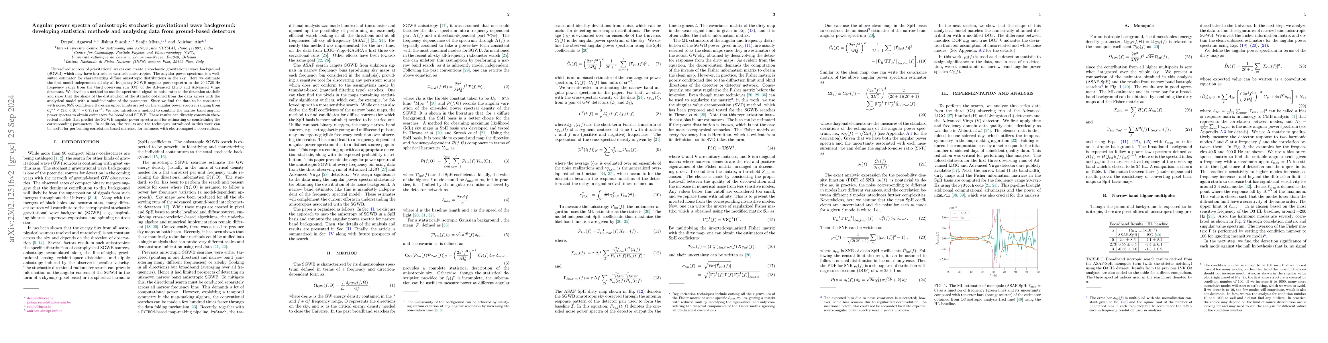 Thumbnail for Angular power spectra of anisotropic stochastic gravitational wave
  background: developing statistical methods and analyzing data from
  ground-based detectors