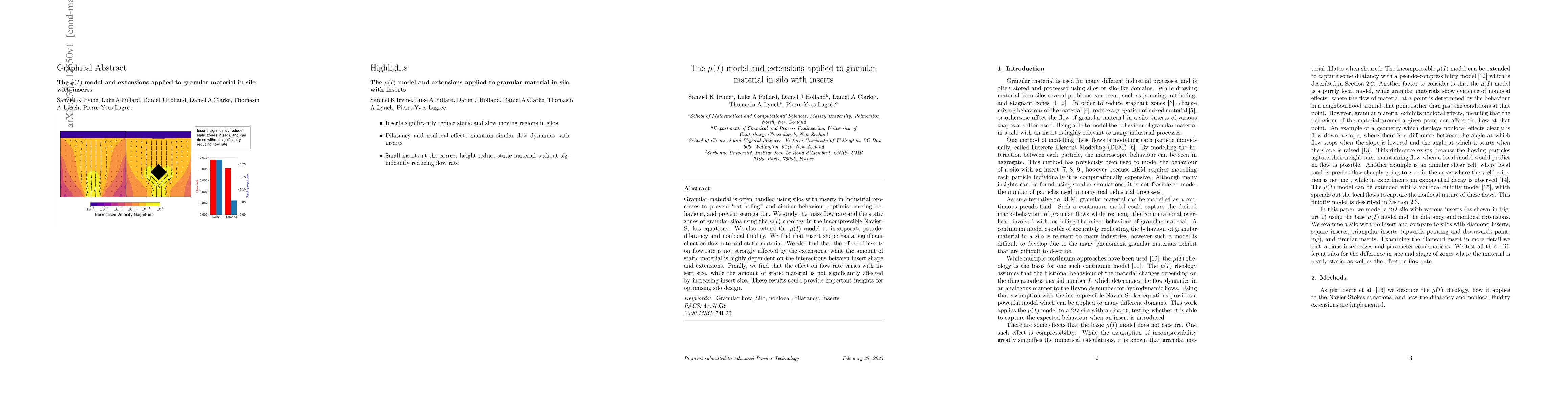 Thumbnail for The $\mu(I)$ model and extensions applied to granular material in silo
  with inserts