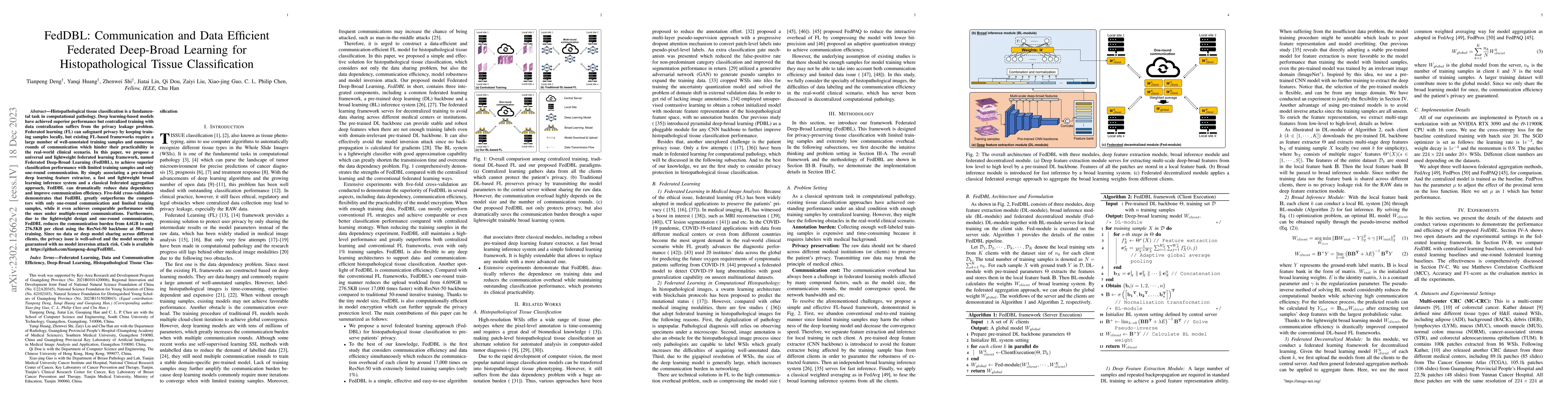 Thumbnail for FedDBL: Communication and Data Efficient Federated Deep-Broad Learning
  for Histopathological Tissue Classification