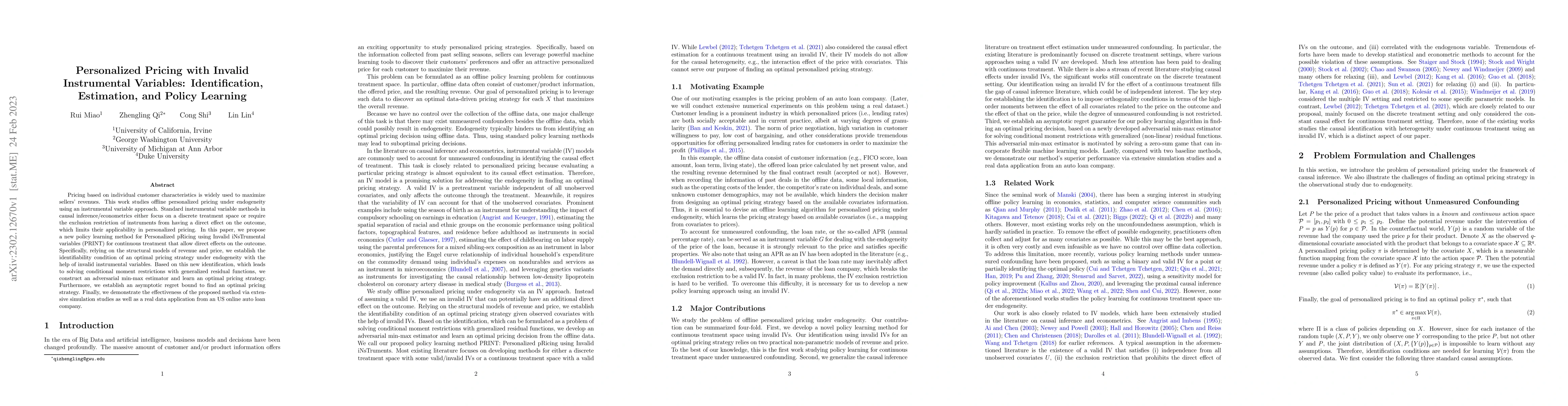 Thumbnail for Personalized Pricing with Invalid Instrumental Variables:
  Identification, Estimation, and Policy Learning