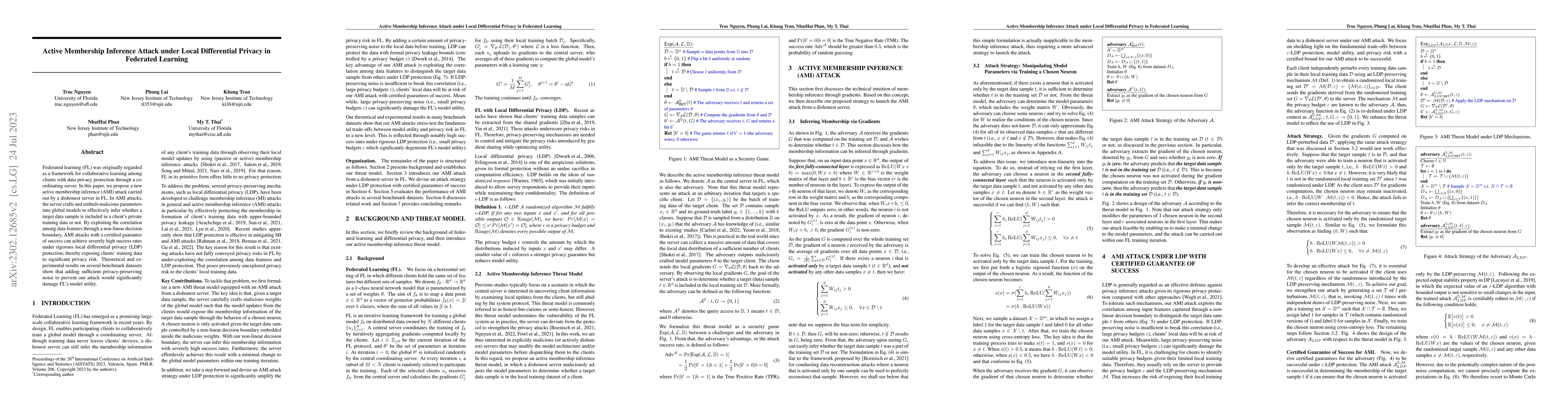 Thumbnail for Active Membership Inference Attack under Local Differential Privacy in
  Federated Learning