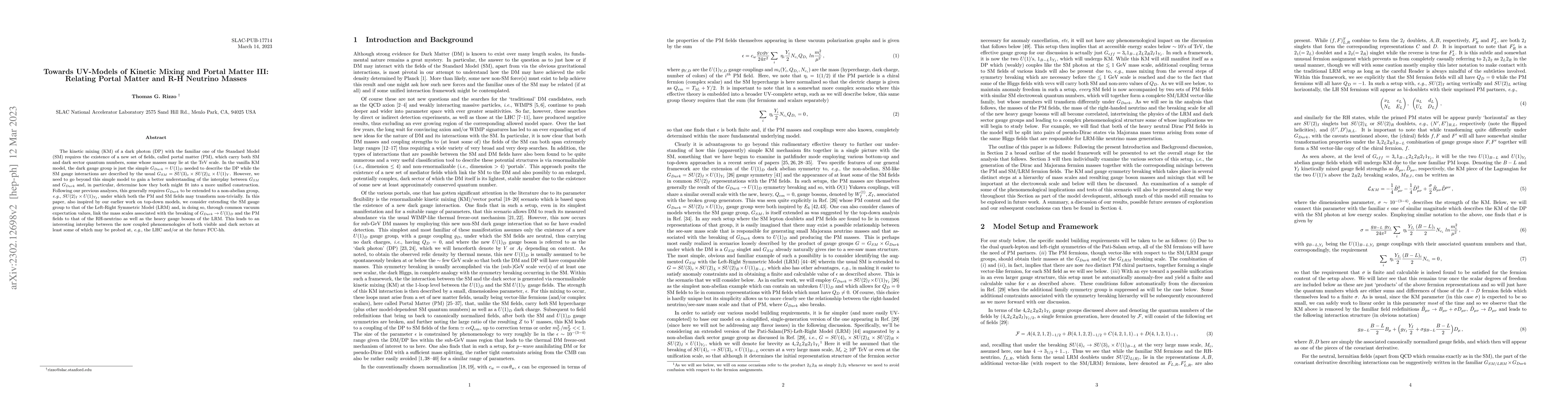 Thumbnail for Towards UV-Models of Kinetic Mixing and Portal Matter III: Relating
  Portal Matter and R-H Neutrino Masses