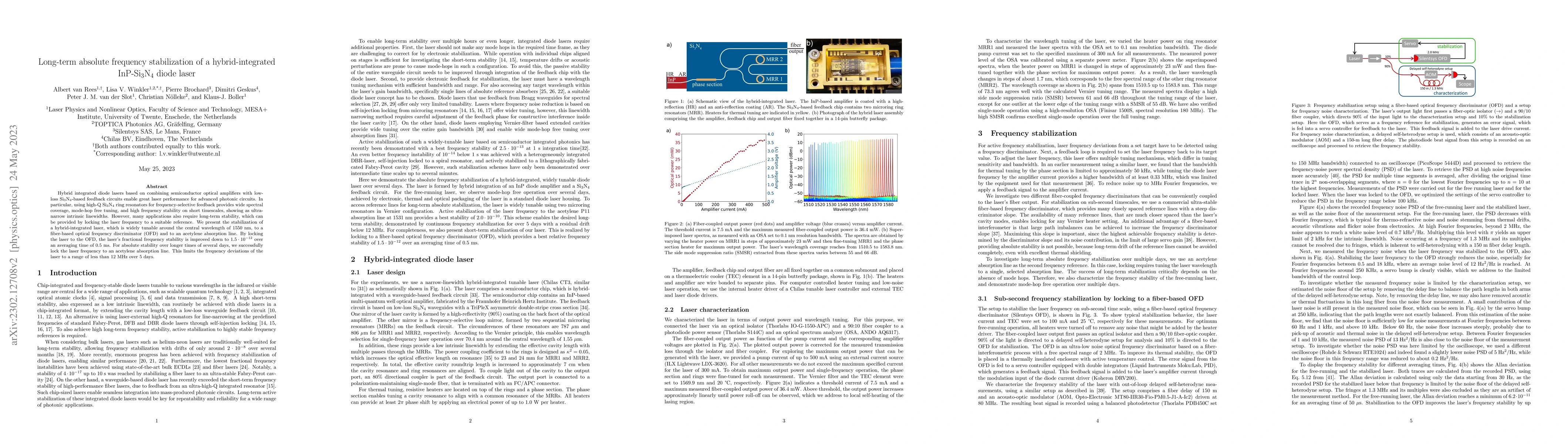 Thumbnail for Long-term absolute frequency stabilization of a hybrid-integrated
  InP-Si3N4 diode laser