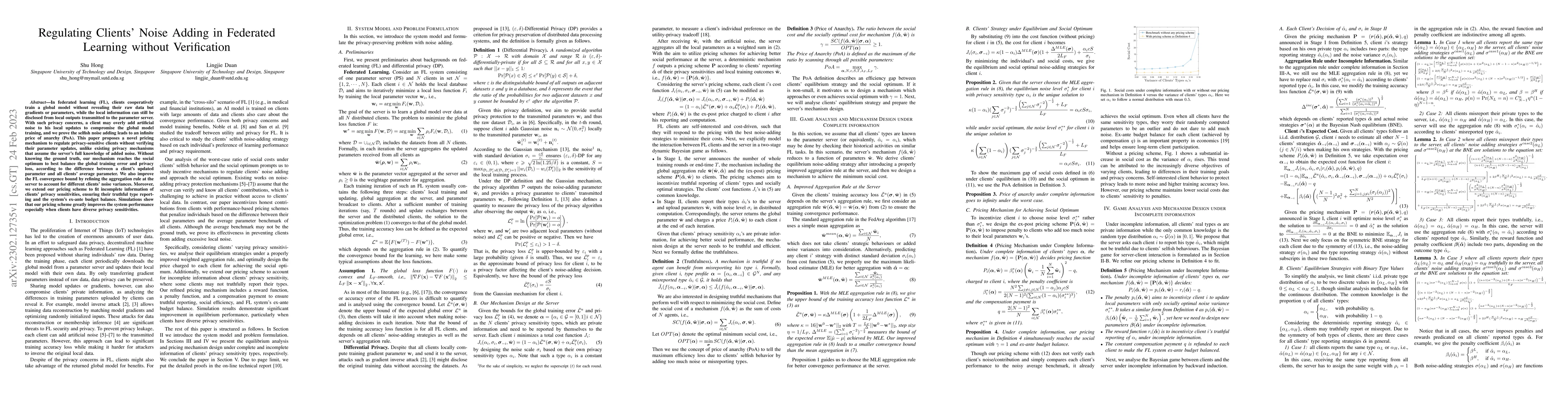 Thumbnail for Regulating Clients' Noise Adding in Federated Learning without
  Verification