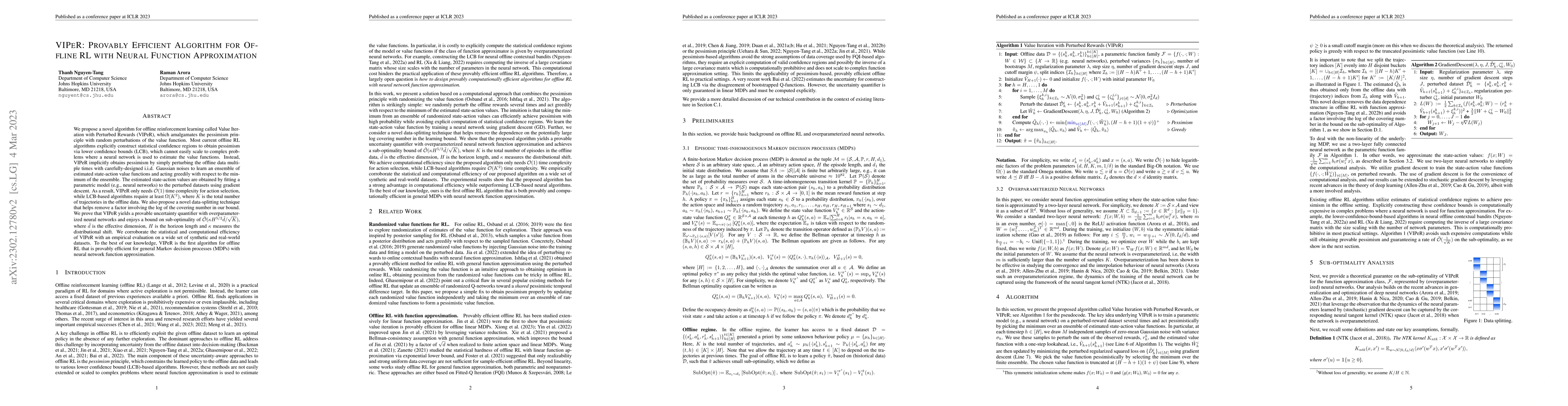 Thumbnail for VIPeR: Provably Efficient Algorithm for Offline RL with Neural Function
  Approximation