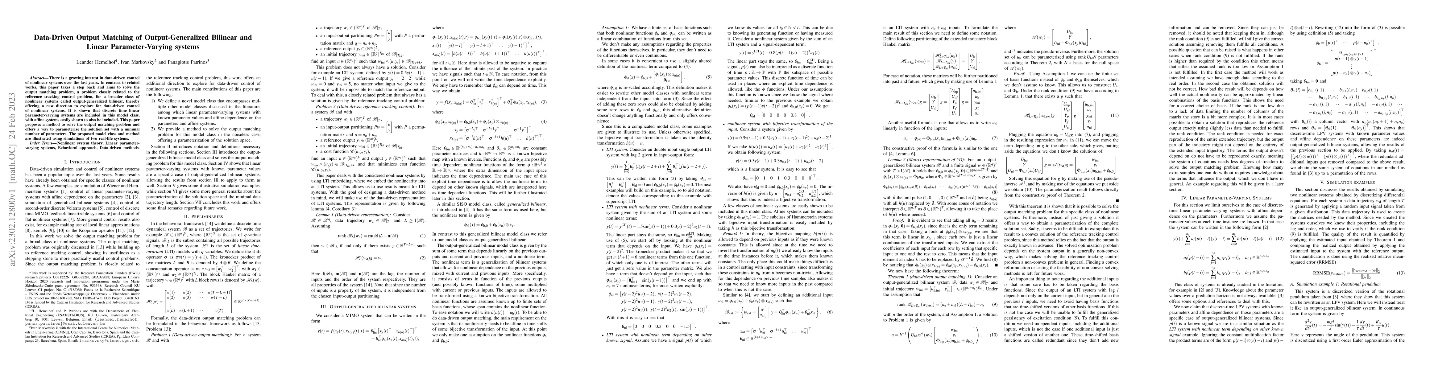 Thumbnail for Data-Driven Output Matching of Output-Generalized Bilinear and Linear
  Parameter-Varying systems
