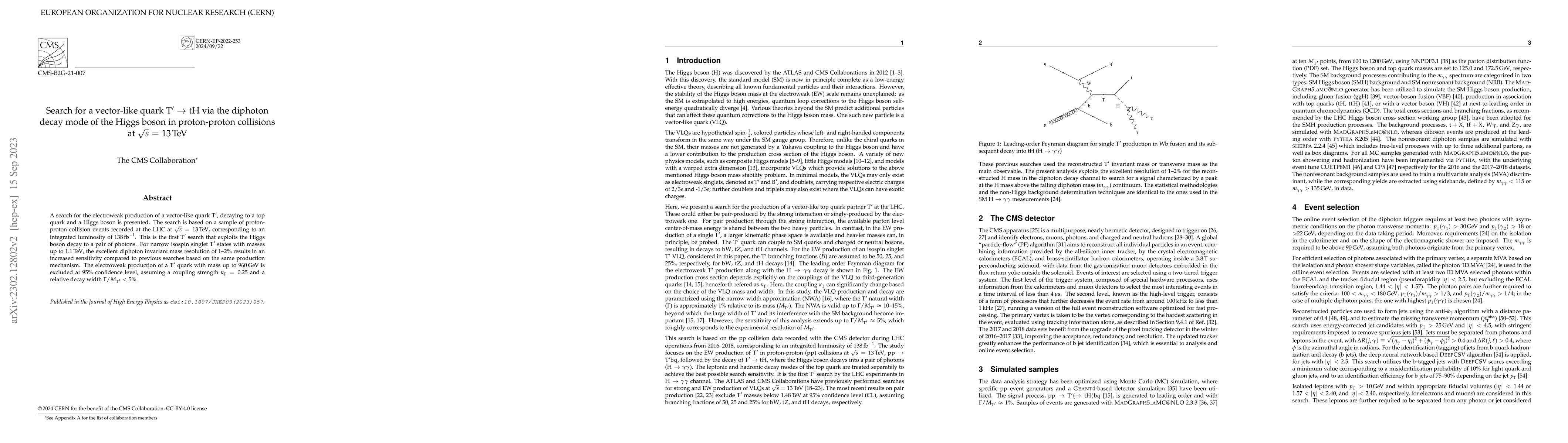 Thumbnail for Search for a vector-like quark T$'$ $\to$ tH via the diphoton decay mode
  of the Higgs boson in proton-proton collisions at $\sqrt{s}$ = 13 TeV