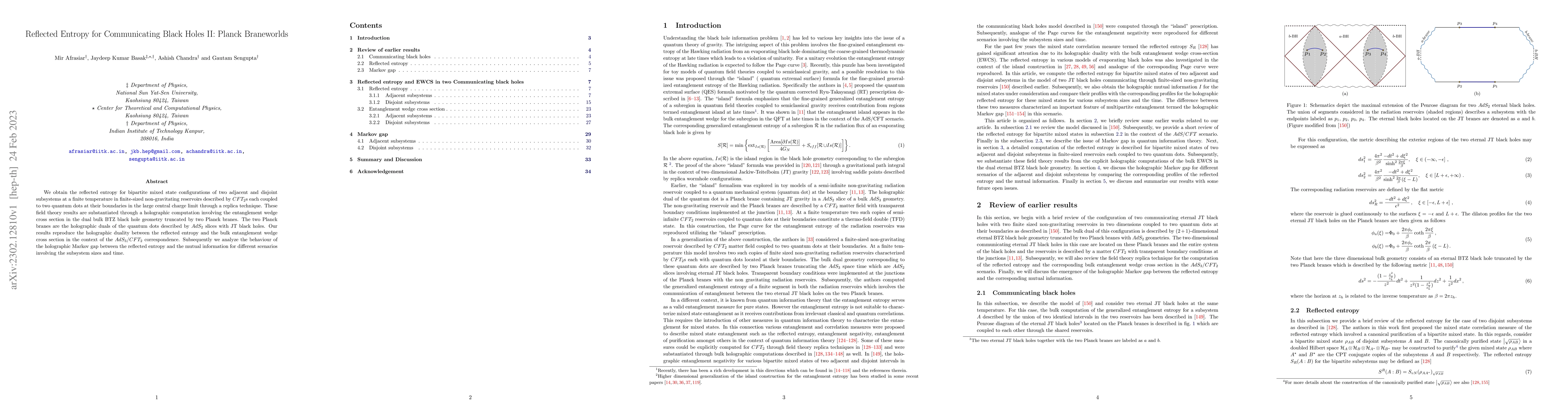 Thumbnail for Reflected Entropy for Communicating Black Holes II: Planck Braneworlds