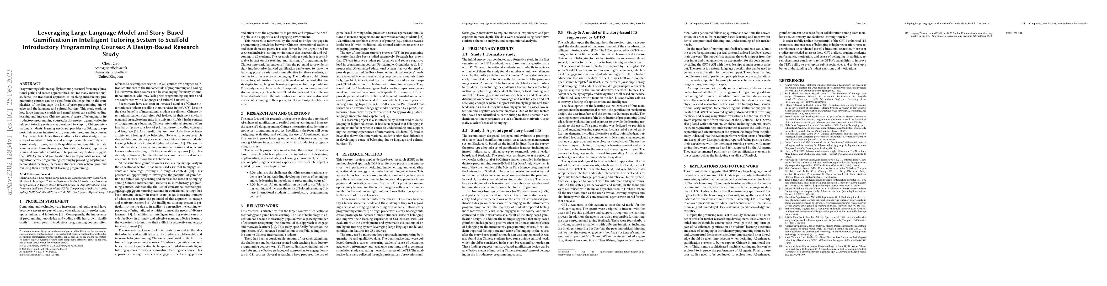 Thumbnail for Leveraging Large Language Model and Story-Based Gamification in
  Intelligent Tutoring System to Scaffold Introductory Programming Courses: A
  Design-Based Research Study