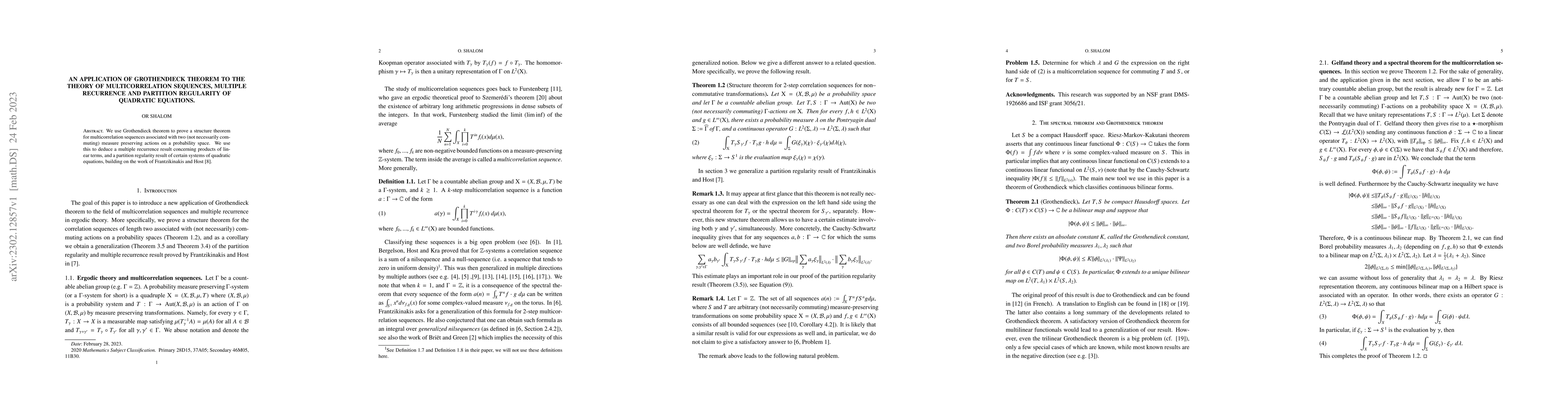 Thumbnail for An application of Grothendieck theorem to the theory of multicorrelation
  sequences, multiple recurrence and partition regularity of quadratic
  equations