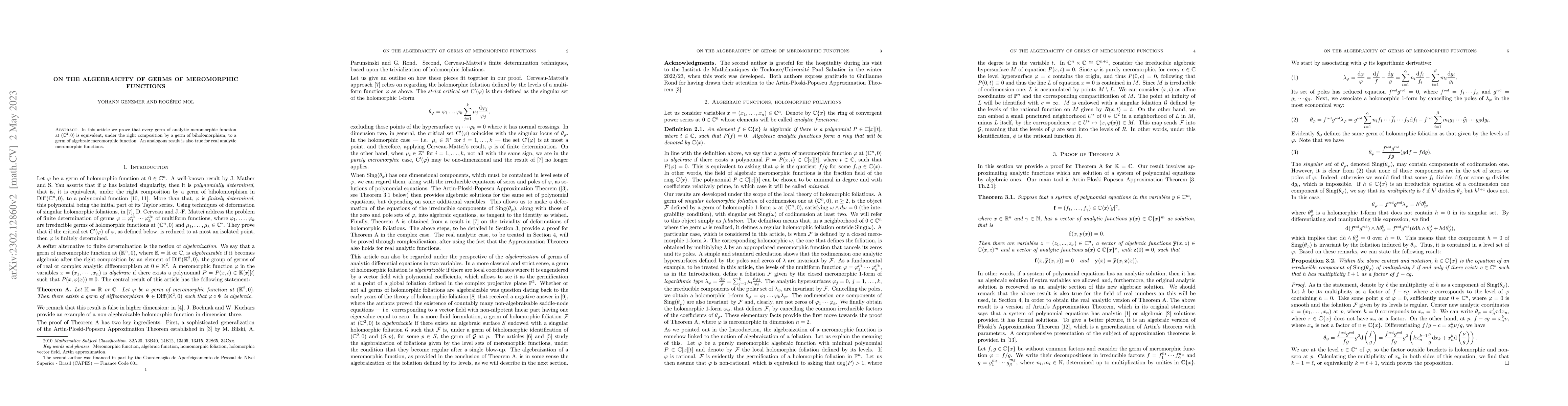 Thumbnail for On the algebraicity of germs of meromorphic functions