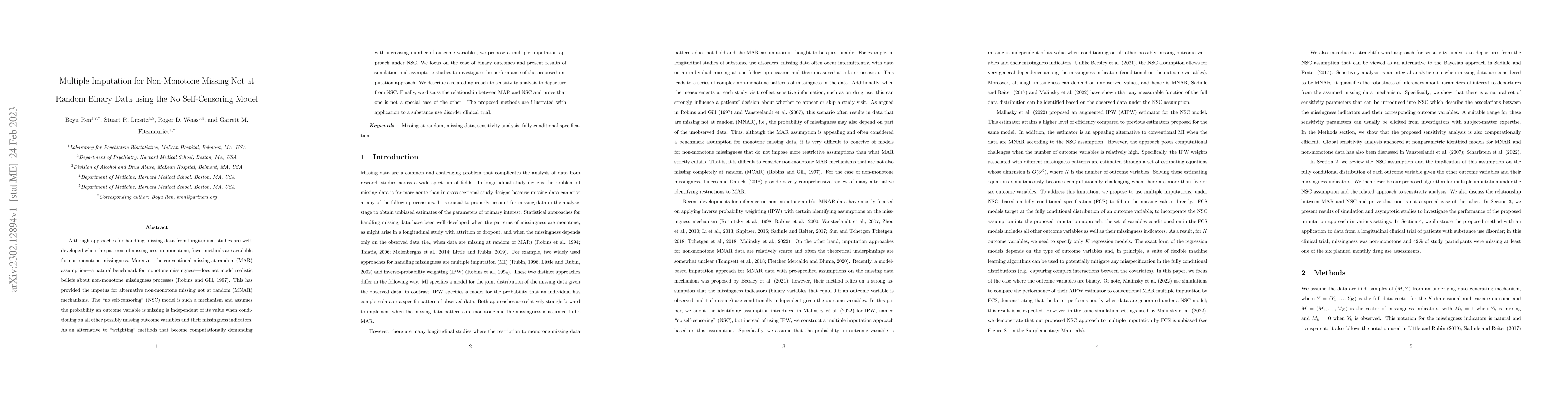 Thumbnail for Multiple Imputation for Non-Monotone Missing Not at Random Binary Data
  using the No Self-Censoring Model