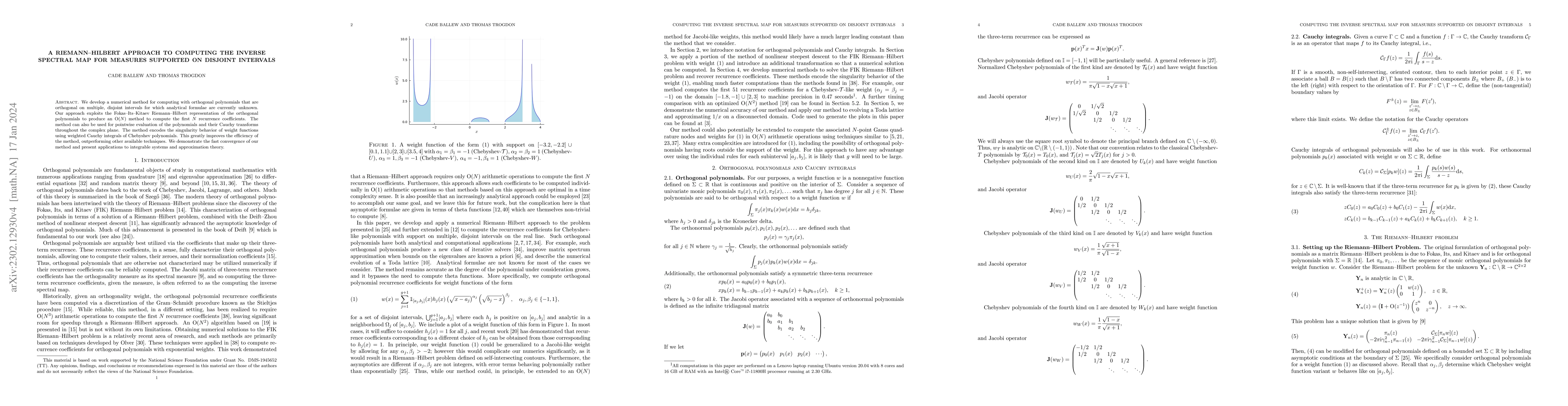 Thumbnail for A Riemann--Hilbert approach to computing the inverse spectral map for
  measures supported on disjoint intervals