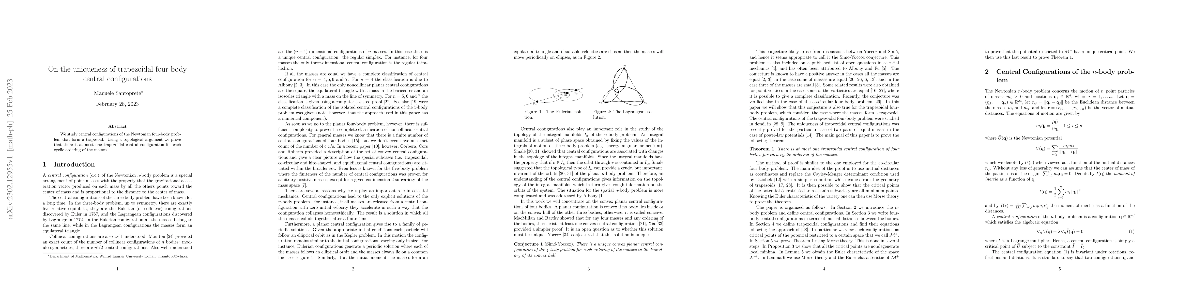 Thumbnail for On the uniqueness of trapezoidal four-body central configurations