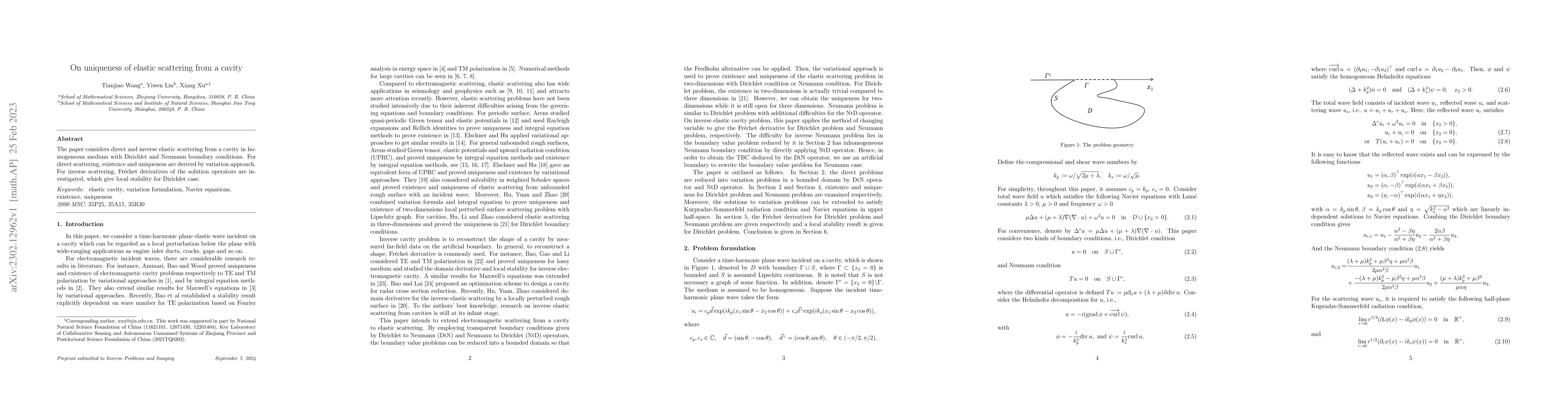 Thumbnail for On uniqueness of elastic scattering from a cavity