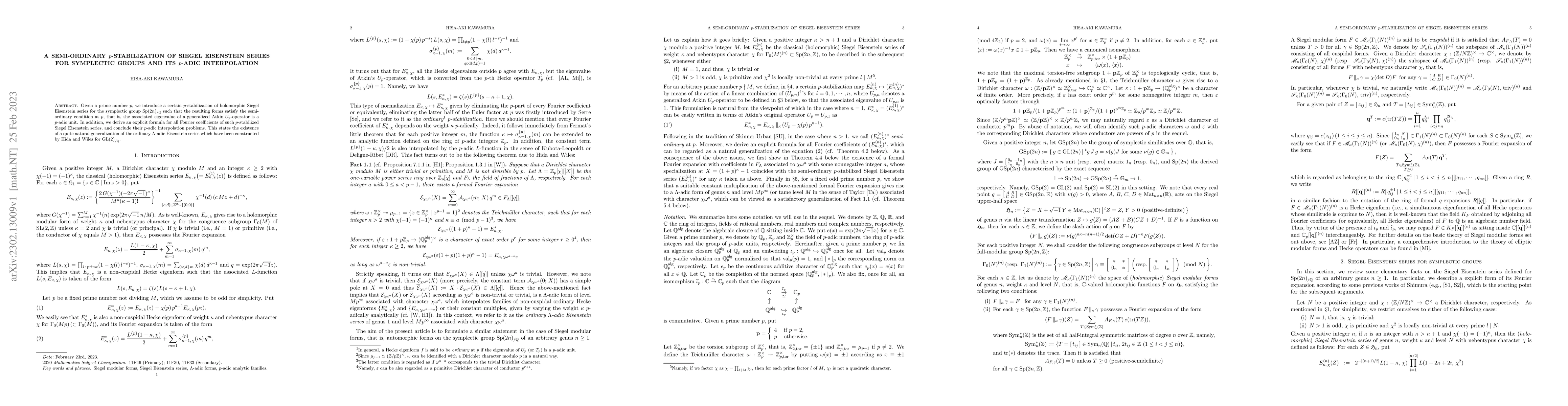 Thumbnail for A semi-ordinary $p$-stabilization of Siegel Eisenstein series for
  symplectic groups and its $p$-adic interpolation (updated on 2023/02/23)