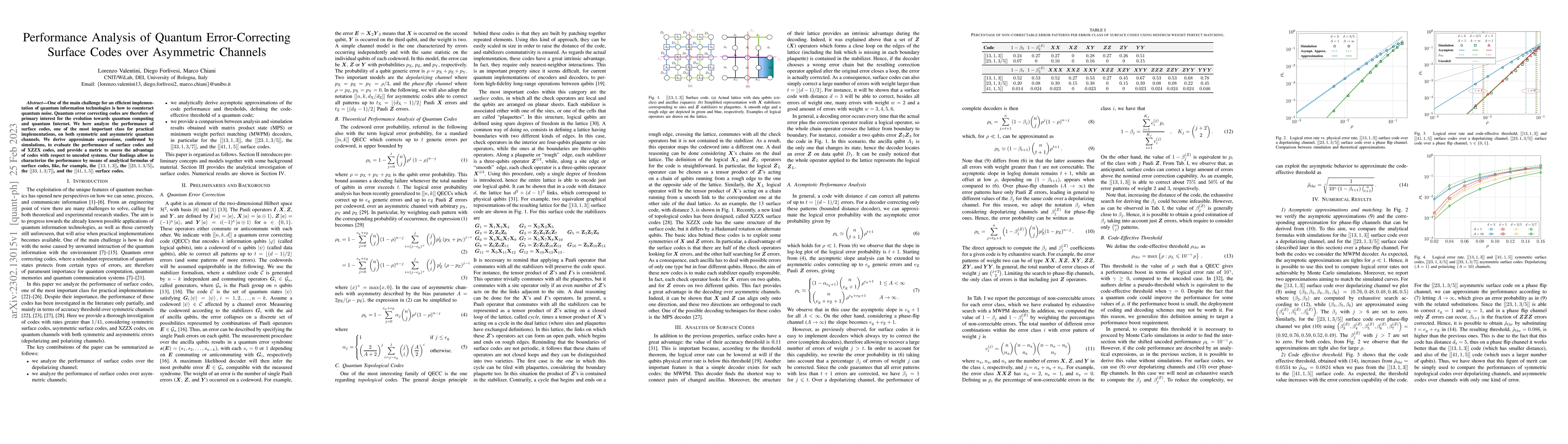 Thumbnail for Performance Analysis of Quantum Error-Correcting Surface Codes over
  Asymmetric Channels